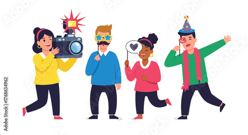 Joyful Group Celebrating With Props and Camera on a Dark Background