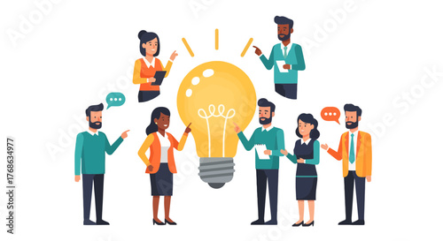 Innovative Team Members Collaborating Around a Bright Idea Representing Teamwork and Creativity
