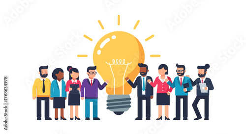 Innovative Team Members Collaborating Under a Bright and Enlightening Idea