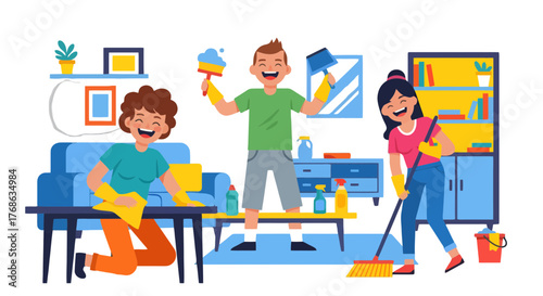 Joyful Group Engaged In Home Cleaning and Creating a Fresh and Pleasant Environment