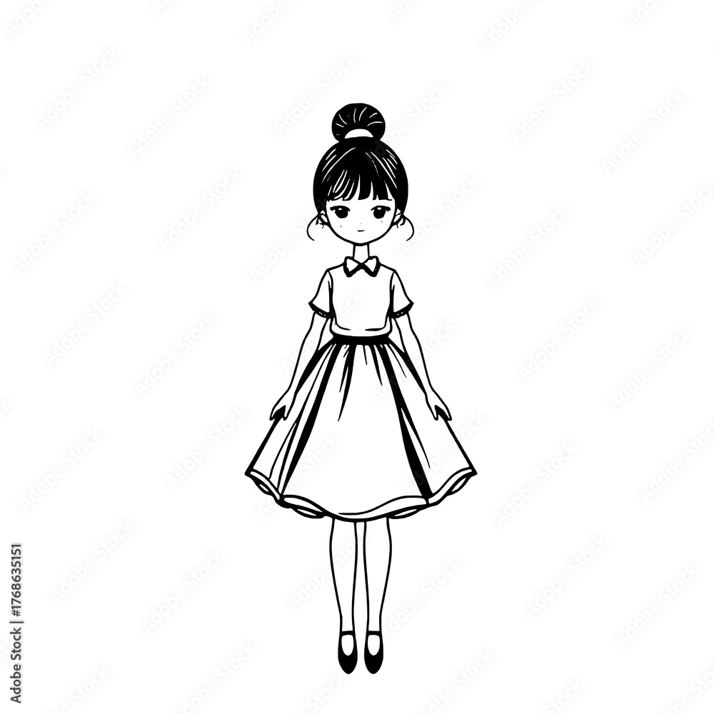 Fototapeta premium Minimalist Black Outline Cartoon Girl Illustration with Bun Hairstyle and Polo Dress on White Background