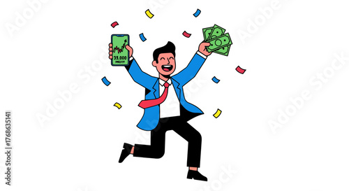 Joyful Investor Celebrates Financial Success with Online Trading and Monetary Gains