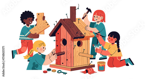 Joyful Kids Constructing a Birdhouse: A Colorful Illustration of Teamwork and Creativity