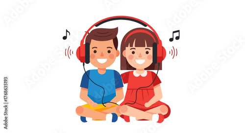 Joyful Kids Listening To Music And Sharing Headphones Together On A Black Background