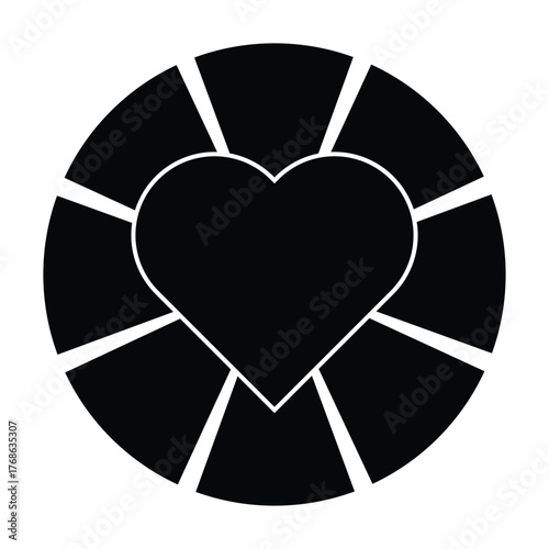 Minimalist black vector graphic featuring a large, central heart shape framed by a circular, segmented collage border with 8 equal sections, perfect for wedding, romance, anniversary, and family photo