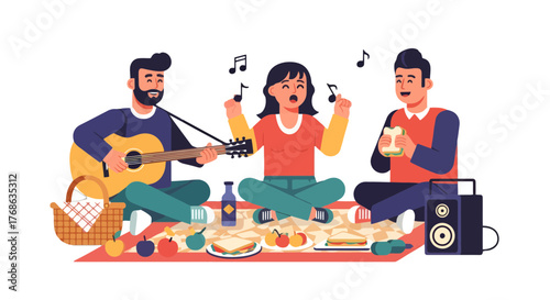 Joyful Outing With Friends Featuring Music, Delicious Food, And Serene Relaxation