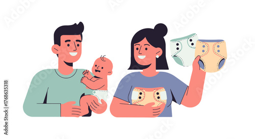 Joyful Parenthood: A Smiling Dad And Mom Holding A Baby and Choosing Diapers Products