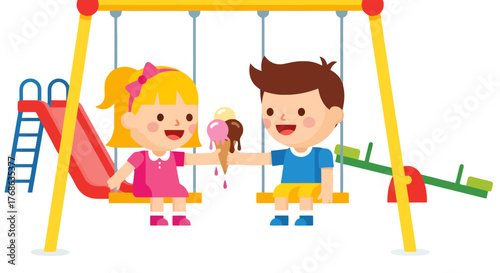 Joyful Playground Scene Featuring Two Children Sharing Delicious Ice Cream Cones in Summer Fun
