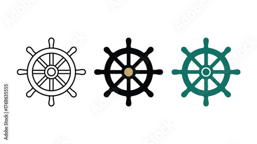 Three stylized illustrations of ship's wheels in outline, black, and teal.