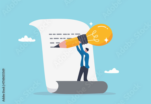 Copywriter or blogger, creative idea and inspiration to begin writing, imagination to success in work, talent and skill concept, smart young man using big pencil with lightbulb idea writing on paper