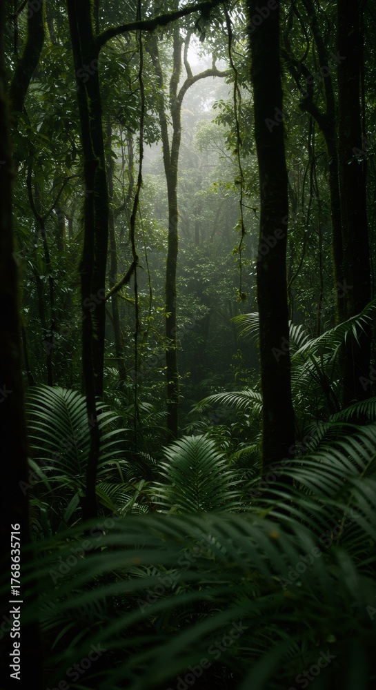 Fototapeta premium Lush, foggy rainforest with dense green foliage and trees in a tropical environment. Natural habitat for adventure travel and environmental conservation.