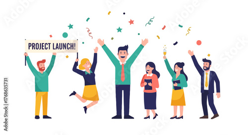 Joyful Team Celebrate Successful Project Launch With Colorful Confetti and Excitement