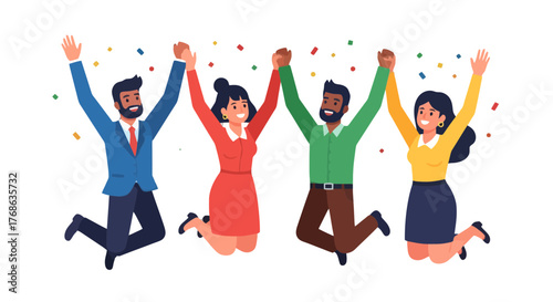 Joyful Team Celebrating Success, Holding Hands and Jumping with Confetti on Black Background