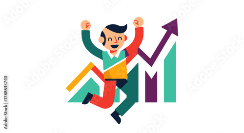 Joyful Businessman Celebrating Success With An Upward Arrow And Growth Chart