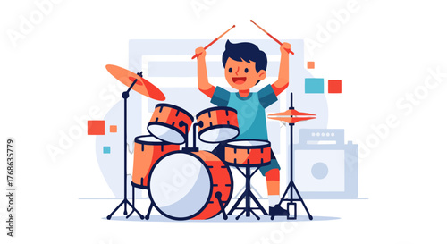 Joyful Young Drummer Playing Lively Beats, Expressing Musical Expression with the Drums