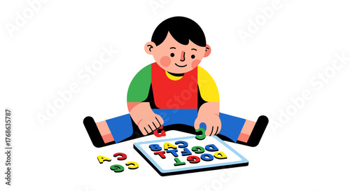 Joyful Youngster Learning Alphabet Manipulating Colorful Letter Blocks Delightfully