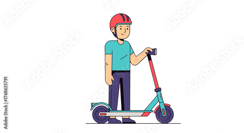 Joyful Youngster Person Riding An Electric Scooter With Protective Helmet, Smiling
