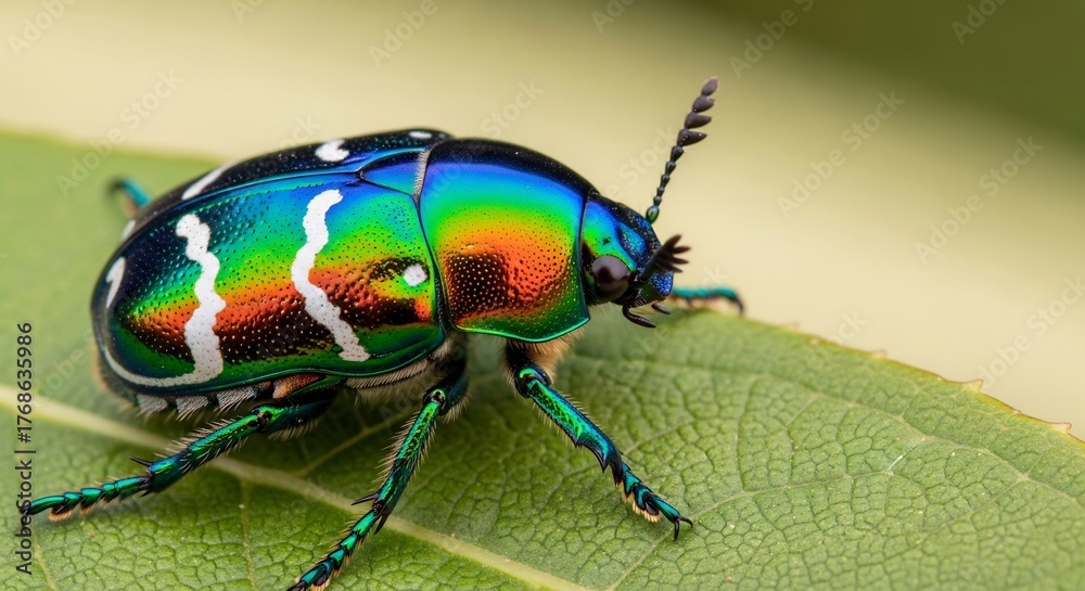 Naklejka premium A jewel beetle with iridescent green and blue exoskeleton rests on a leaf
