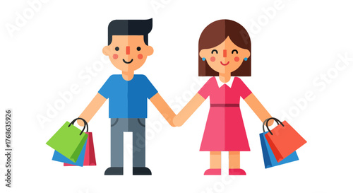 Joyful Couple Holding Hands While Carrying Shopping Bags After Spending Time Together