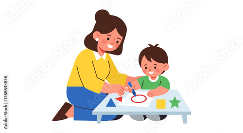 Learning Together: A Friendly Woman Guiding a Young Child In Creative Drawing