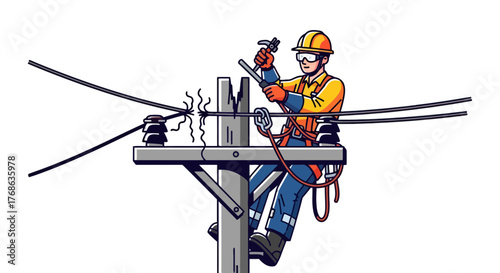 Lineman Performing Repair Work On Power Lines High Above The Ground