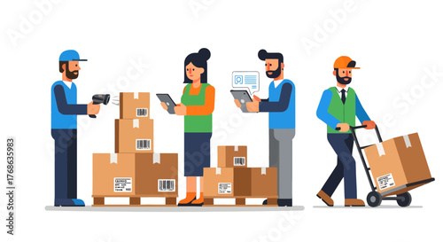 Logistics and Shipping Concept Depicting Warehouse Employees Managing Packages for Delivery