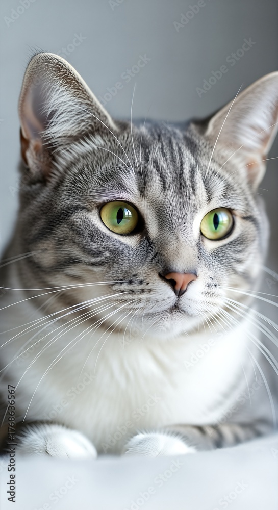 Fototapeta premium Gray tabby cat poses calmly in a studio setting