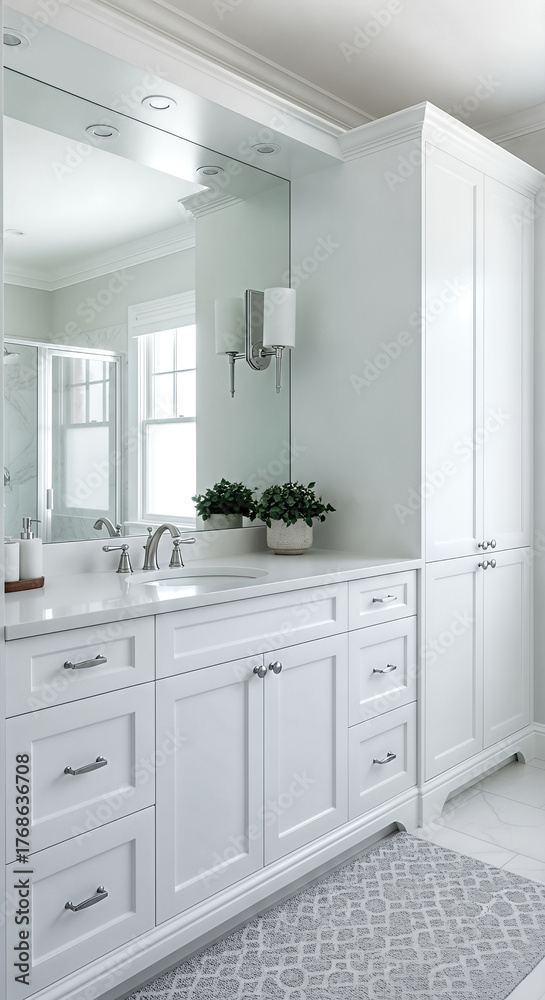 Fototapeta premium Bathroom vanity reflects bright interior design in a modern home