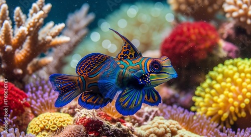 Fototapeta Naklejka Na Ścianę i Meble -  A mandarin fish swims in a vibrant coral reef