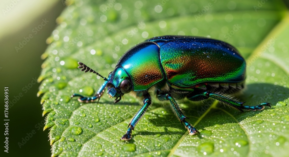 Naklejka premium A metallic green and blue beetle on a wet green leaf