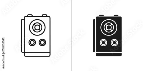 Two icons representing a speaker, one line art and one solid black