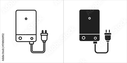 Two icons representing a water heater with plug, one line art and one solid black