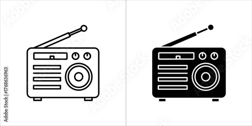 Vintage radio icon in outline and solid black on