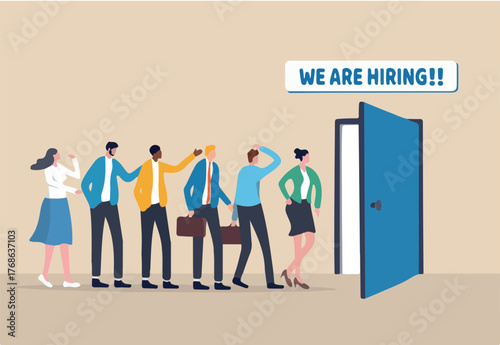 Hiring opportunity, apply new job, career candidate, interview applicant or employment, job seeker or talent search, diversity concept, business people applicant wait at hiring company office.