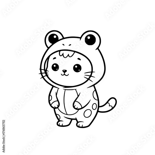 Cute cat wearing frog costume, simple playful coloring page for toddlers Generative AI