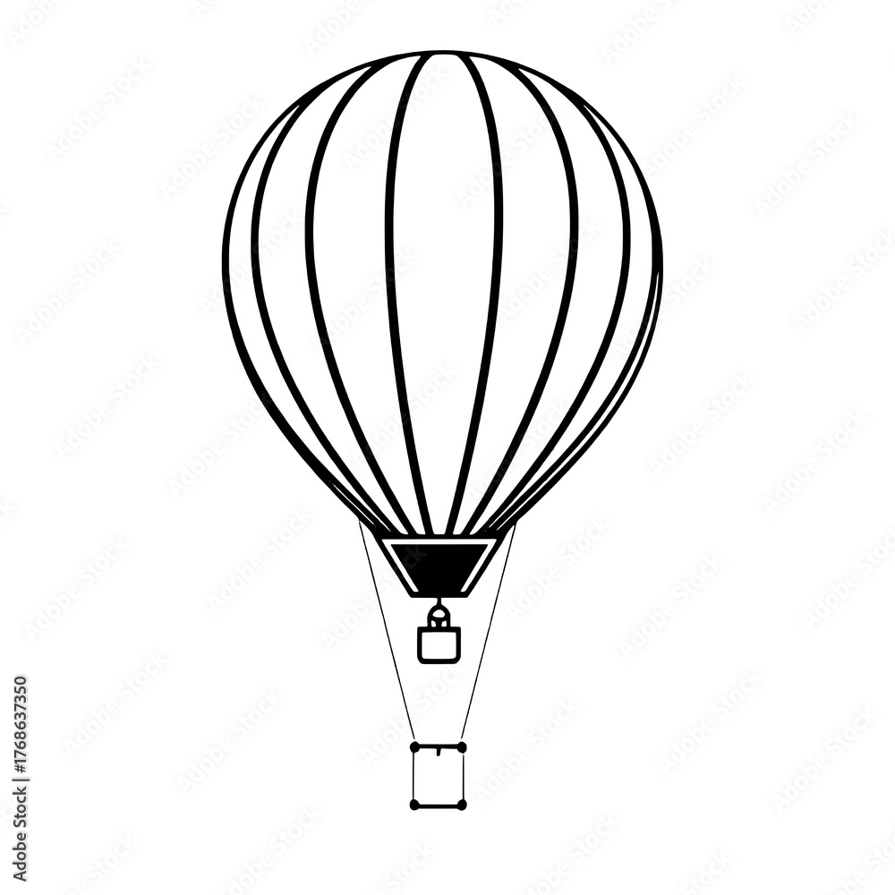 Obraz premium Flat Black and White Hot Air Balloon Icon with Segmented Balloon and Outlined Basket
