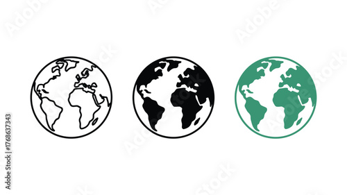 Three stylized globes representing Earth are shown in outline, solid black, and green.