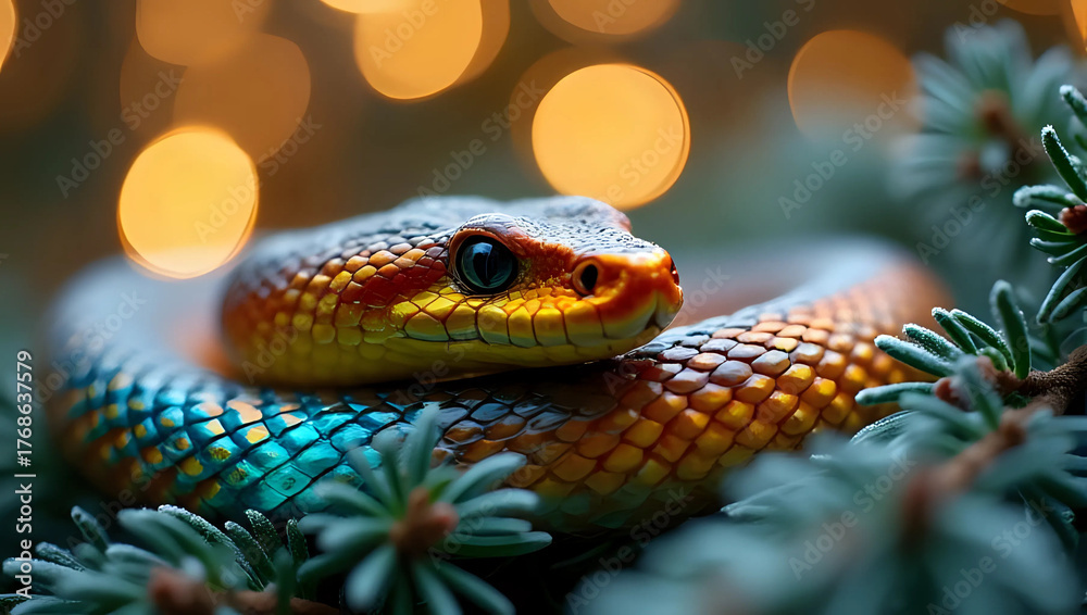 Fototapeta premium Closeup of colorful orange and blue snake coiled on christmas pine branch, festive lights background - animal, wildlife, Christmas New Year celebration, festive holiday fantasy concept