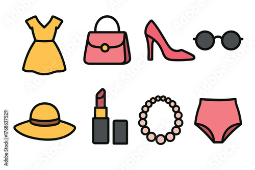 Colorful collection of women's fashion accessories, including a dress, handbag, high heels, sunglasses, hat, lipstick, necklace, and bikini bottom, depicted in bold outlines.