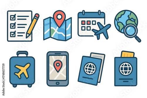 Illustrated collection of travel-themed icons including a checklist, map with a location pin, calendar, globe with magnifying glass, suitcase, smartphone, and passports.
