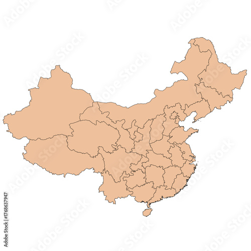 Editable vector file of the Asian country of China, divided into its administrative divisions.