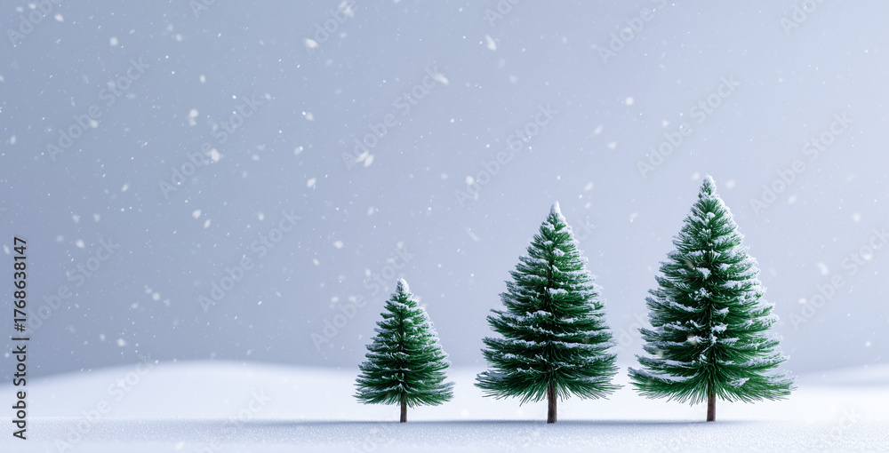 Obraz premium Snow-covered trees create a magical Christmas scene with falling snowflakes