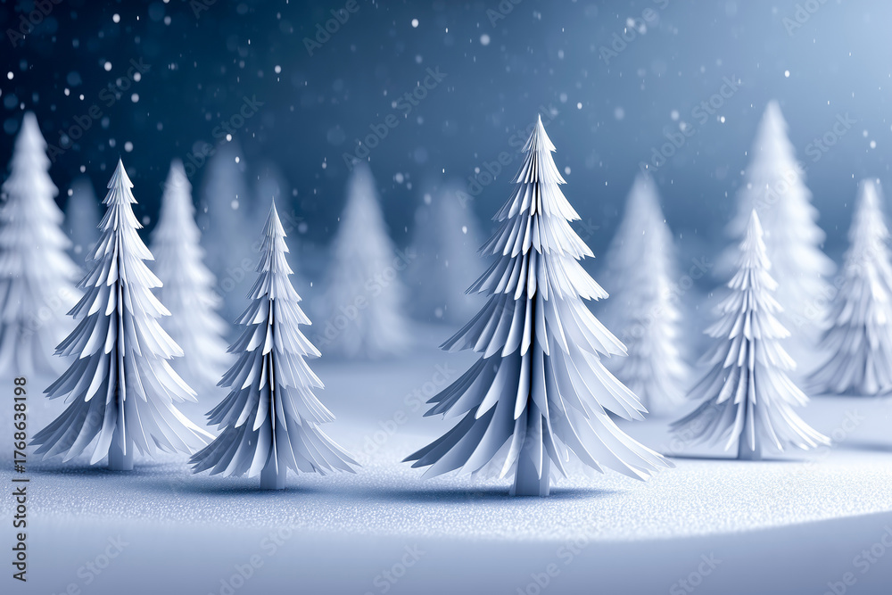 Fototapeta premium White pine trees stand in a snowy landscape, creating a tranquil and festive Christmas atmosphere