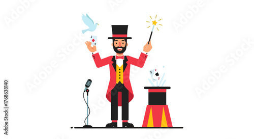 Magician Performing Tricks With Dove, Cards, And Top Hat, Isolated On Black Background