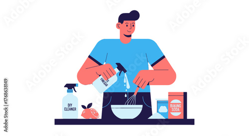 Making Homemade Cleaner: DIY Illustration Of a Cheerful Person Mixing Ingredients