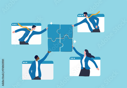 Work together, teamwork or collaboration to solve problem, hybrid work conference call to success together, partnership concept, businessman and woman colleagues connecting jigsaw pieces together.