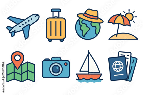 Collection of colorful travel icons including an airplane, suitcase, globe with a hat, sun umbrella on sand, map, camera, sailboat, and passports.