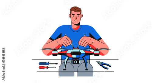 Man Assembling Drone with Tools in Simplified Vector Illustration on Black Background