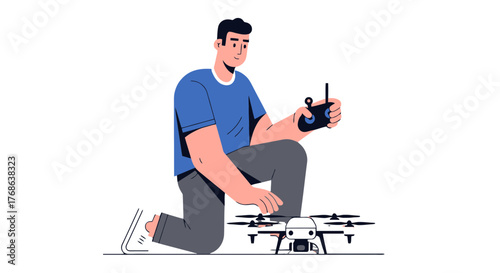 Man Kneeling Beside A Drone, Operating The Gadget With A Remote Control