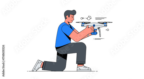 Man Kneeling Outdoors Holding A Modern Drone Device For Aerial Photography